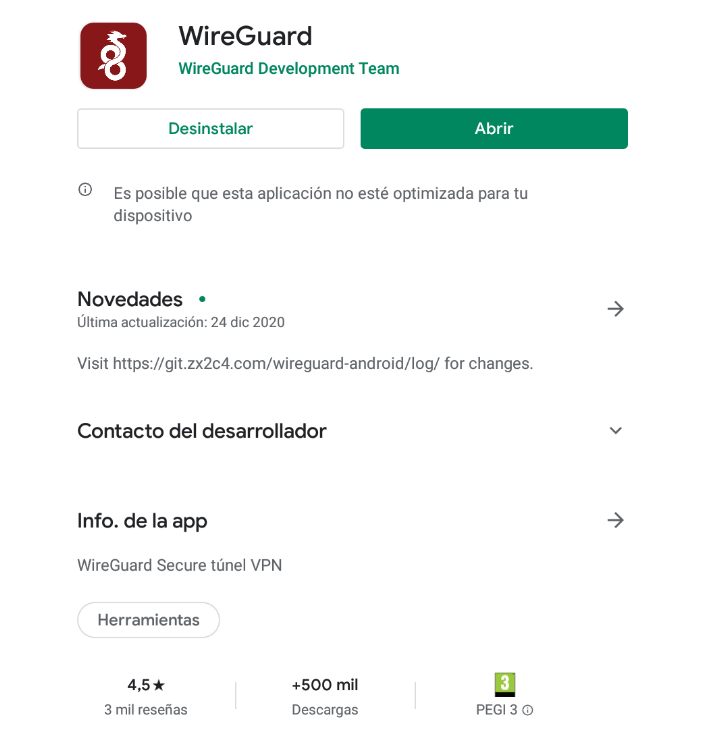 Captura de la app WireGuard en la Play Store
