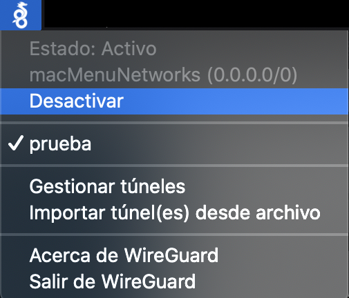 Captura de la app WireGuard en la barra superior del sistema, permitiendo desactivar y activar el túnel