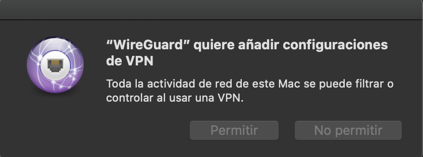 Captura de la ventana del sistema solicitando que el usuario permita a WireGuard añadir una configuración VPN