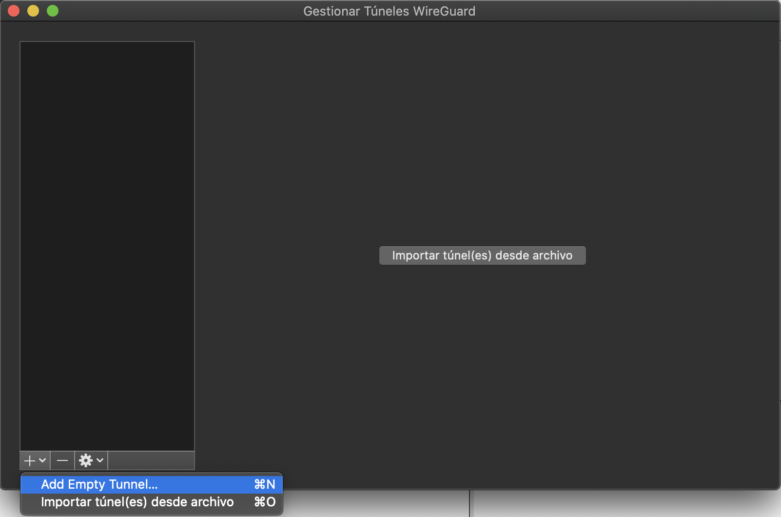 Captura de la pantalla principal de la app WireGuard creando un nuevo túnel