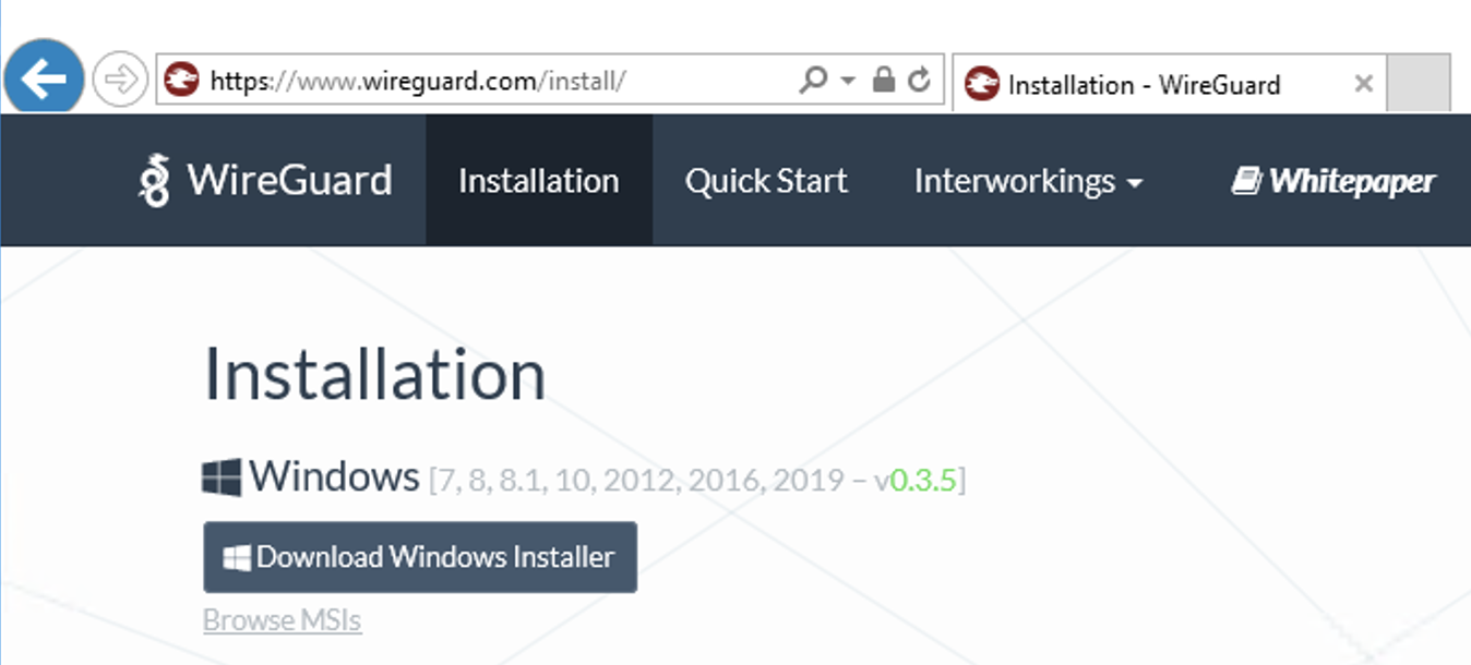 Captura de la página web de descarga de WireGuard para Windows