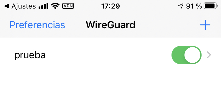 Captura de la pantalla principal de la app WireGuard con el túnel activado