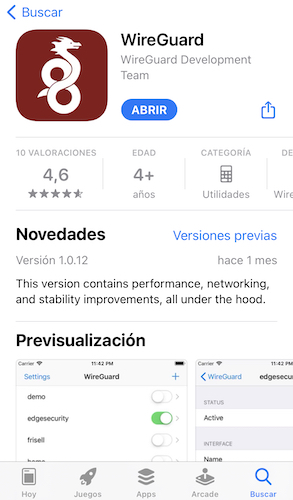 Captura de la app WireGuard en la App Store